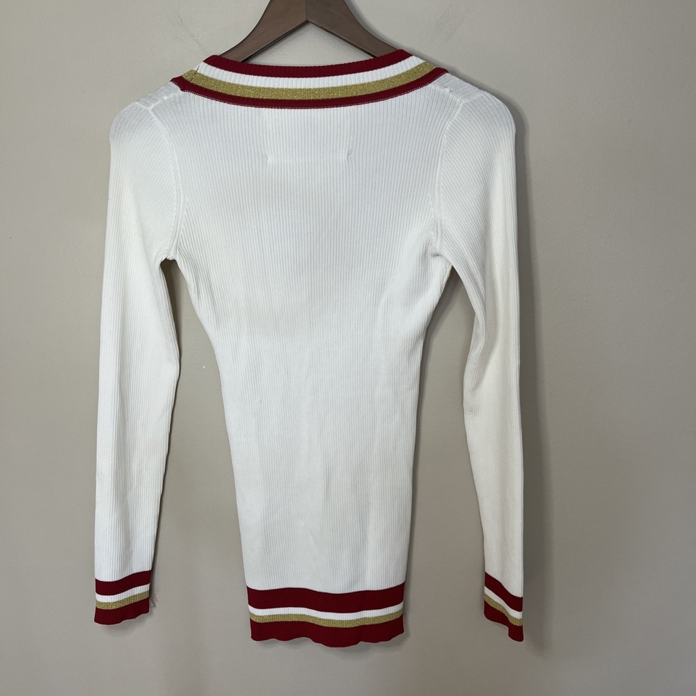 VTG Y2K Guess Jeans Ribbed Sweater Women White Red Gold Deep V Varsity Preppy - Picture 3 of 9